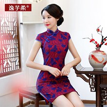 逸芋柔改良蕾丝棉旗袍女装夏季短款中老年妈妈装蝴蝶花韩版连衣裙图片