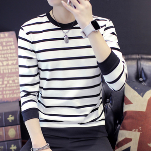 青年潮流长袖t恤圆领条纹短袖上衣服男士春夏薄款卫衣修身打底衫