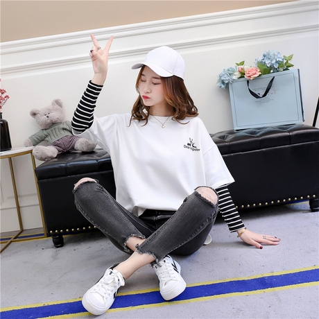 早秋天上衣服长袖t恤女韩版宽松假两件2018初秋季女装新款百搭潮商品大图