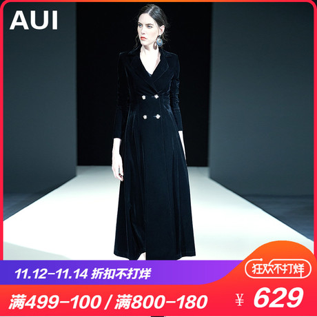 aui女式超长款过膝黑色丝绒chic早秋外套风衣女秋季2018新款女装商品大图
