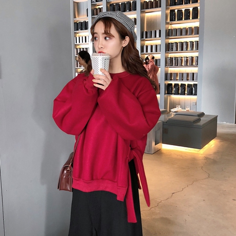 秋冬女装韩版中长款宽松系带蝴蝶结开叉加厚套头长袖卫衣上衣外套商品大图