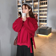 秋冬女装韩版中长款宽松系带蝴蝶结开叉加厚套头长袖卫衣上衣外套图片