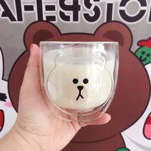 韩国line布朗熊卡通夏季创意造型牛奶杯饮料杯双层玻璃隔热果汁杯