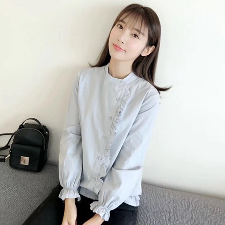 长袖白衬衫女纯色上衣2018春装新款女装韩版学院风百搭立领打底衫商品大图