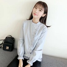 长袖白衬衫女纯色上衣2018春装新款女装韩版学院风百搭立领打底衫图片