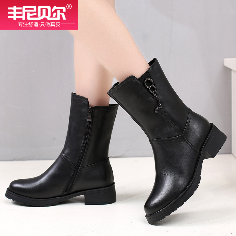 Full cowhide genuine leather boots for children's short boots, 2018 new winter plush women's boots, medium heeled, thick heeled, and mid sleeved Martin autumn boots