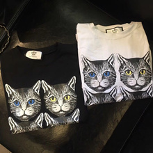 男女百搭棉T短袖 2018新款 T恤短T 四个猫头卡通猫猫圆领休闲情侣装