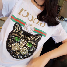 双G家春夏亮片印花猫咪头字母T恤黑白色宽松半袖短袖女2018新款
