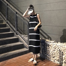 仂女装 百搭条纹显瘦过膝长裙 夏季韩版 2019新款 纯棉针织连衣裙长款