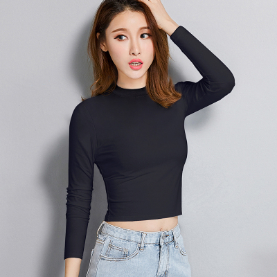 白色露脐上衣女半高领长袖t恤秋季性感时尚百搭紧身高腰打底衫