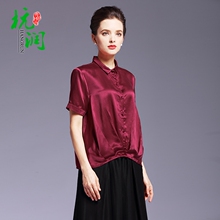 杭润女装圆领开扣套头真丝衬衫女韩版气质简约T恤纯色桑蚕丝上衣图片