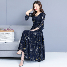 碎花长裙大摆雪纺连衣裙 女装 新款 喇叭袖 阔太太印花大码 2019春夏装