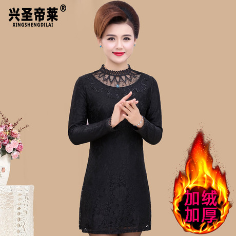 妈妈加绒打底衫女长袖中长款中老年秋冬连衣裙加厚保暖蕾丝裙高贵商品大图