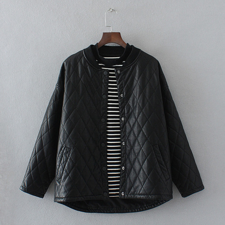 冬季新款韩版女装菱格短款棒球服PU皮衣休闲棉衣棉服夹克夹棉外套商品大图