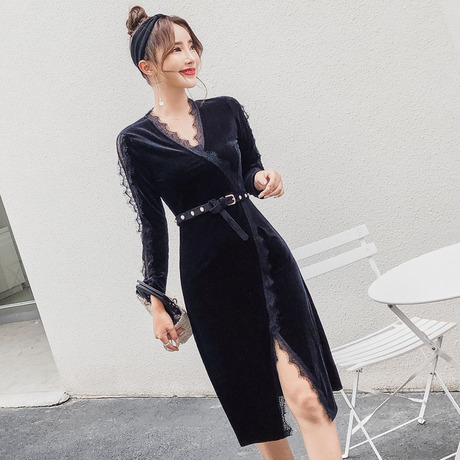 米美儿大码女装微胖mm2018秋装名媛性感V领金丝绒蕾丝开衩连衣裙商品大图