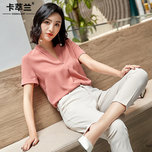 职业女装上衣夏季修身显瘦甜美时尚工装教师雪纺衫衬衫套裙两件套图片