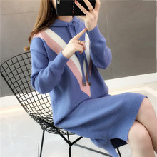 中长款连帽衫拼色系带女装2018秋冬新款韩版加厚长袖套头针织毛衣图片
