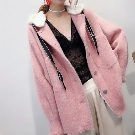 2018秋装新款女装宽松灯笼袖秋款水貂绒外套水貂毛连帽开衫短款潮商品大图