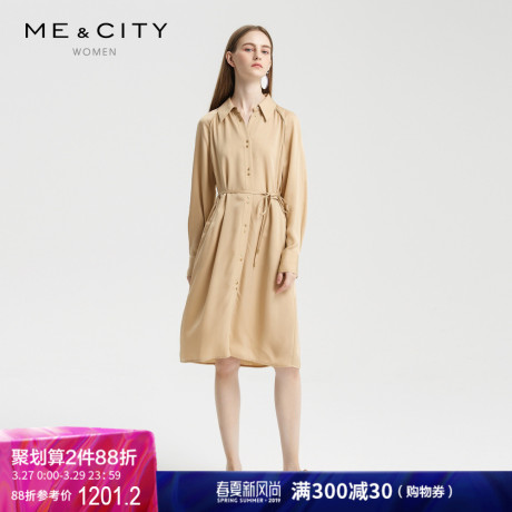 真丝MECITY女春秋气质单排扣优雅衬衫式连衣裙商品大图