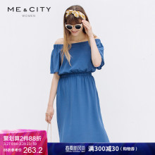 【真丝】MECITY女装修身一字领收腰中长款短袖仙女范连衣裙图片