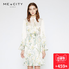 MECITY女装甜美清新印花真丝衬衫荷叶袖中长款连衣裙
