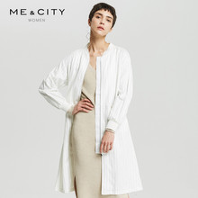 MECITY女装春夏休闲宽松条纹立领开叉中长款棒球服外套风衣图片