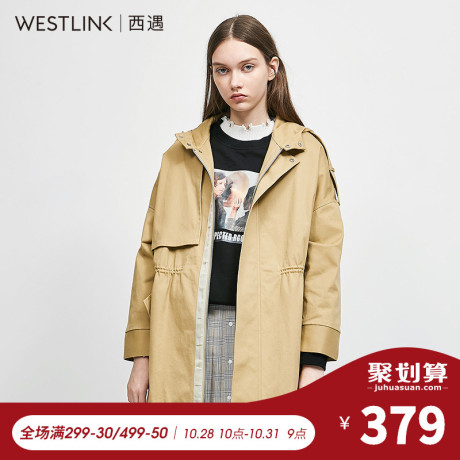 西遇女装2018冬季新款欧美连帽抽绳工装风衣外套女中长款D1980924商品大图