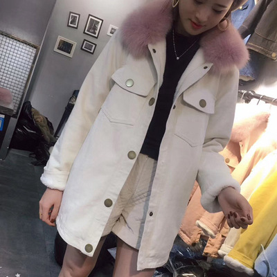 冬季2018新款羊羔毛棉衣牛仔外套女装中长款韩版加绒加厚棉服棉袄