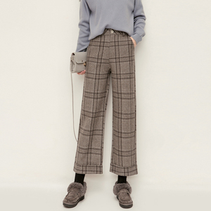 羊毛呢子高腰格子阔腿裤