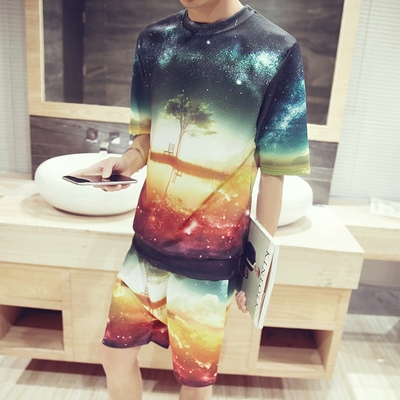 夏季花短袖短裤休闲运动套装男装夏装韩版潮夏天一整套衣服学生抄