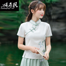 民国女装复古盘扣棉麻绣花短袖茶艺服中国风汉服唐装改良旗袍上衣图片