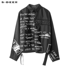 sdeer圣迪奥酷黑新潮撞色英文飘带装饰开衩设计翻领上衣S18380542图片