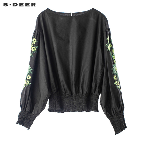 sdeer圣迪奥女装优雅甜美绿调绣花松紧褶皱设计时尚上衣S18380543商品大图