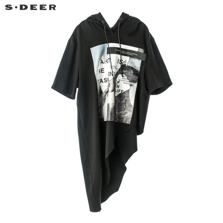 sdeer圣迪奥酷感不规则创意下摆抽象印花连帽抽绳针织衫S18280118商品大图