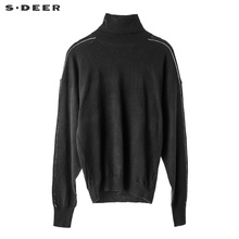 sdeer圣迪奥女纯黑简约撞色线迹落肩袖型高领时尚针织衫S18463502图片