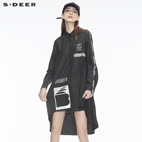 sdeer圣迪奥个性时尚剪裁撞色字母装饰前短后长翻领上衣S18480577商品大图