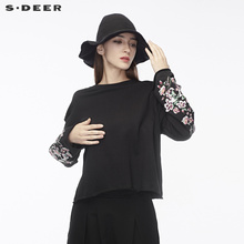 sdeer圣迪奥复古花朵刺绣图案装饰自然边沿圆领针织衫S18482203图片