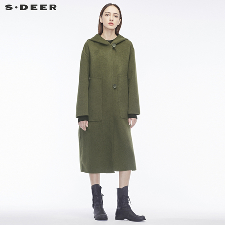 sdeer圣迪奥优雅时尚个性开衩下摆腰带造型装饰连帽大衣S18481806商品大图