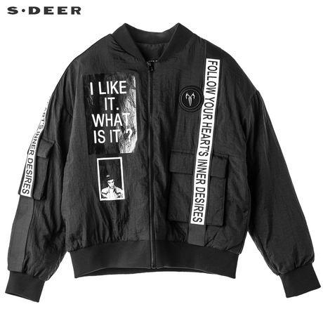 sdeer圣迪奥字母飘带印花装饰个性单边贴袋立领羽绒服S18482444商品大图