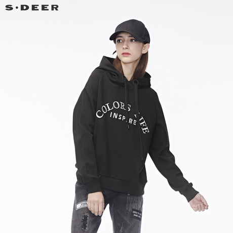 sdeer圣迪奥简约撞色字母图案装饰罗纹袖口抽绳连帽上衣S18482262商品大图