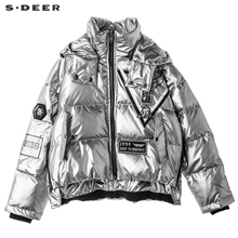 sdeer圣迪奥银色涂层面料布贴拉链装饰高领连帽羽绒服S18482462图片
