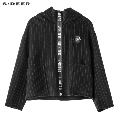 sdeer圣迪奥黑白条纹撞色英文字母装饰高领连帽外套S18482284商品大图