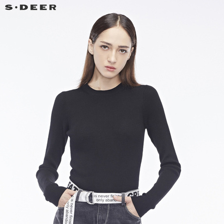sdeer圣迪奥女装纯黑简约立体竖条针织纹理圆领毛衫S17483501商品大图