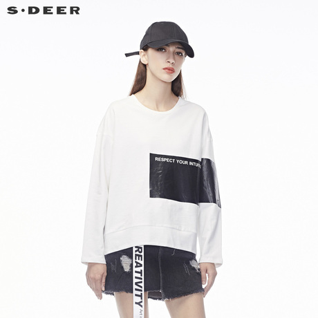 sdeer圣迪奥休闲撞色印胶字母装饰拉链点缀圆领针织衫S18480248商品大图