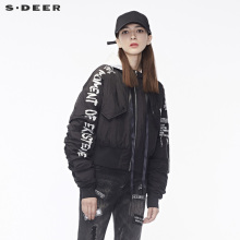 sdeer圣迪奥嘻哈撞色英文装饰个性褶皱造型抽绳羽绒服S18482480图片