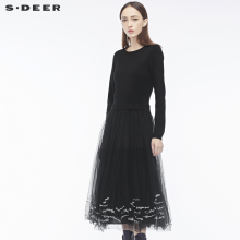 sdeer圣迪奥字母装饰网纱拼接多层裙摆圆领连衣裙S18481257图片