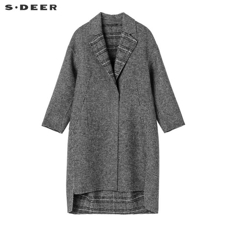 sdeer圣迪奥流畅剪裁复古格纹面料前短后长平驳领大衣S18461871商品大图