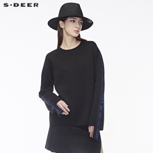 sdeer圣迪奥2018冬装新款蓝色字母落肩飘带圆领针织衫女S18463587图片