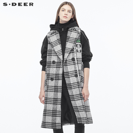 sdeer圣迪奥女装复古黑白格纹字母装饰双排扣连帽两件套S18481627商品大图