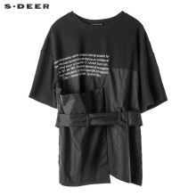 sdeer圣迪奥素黑字母印胶拼接搭片休闲短袖S18280109图片